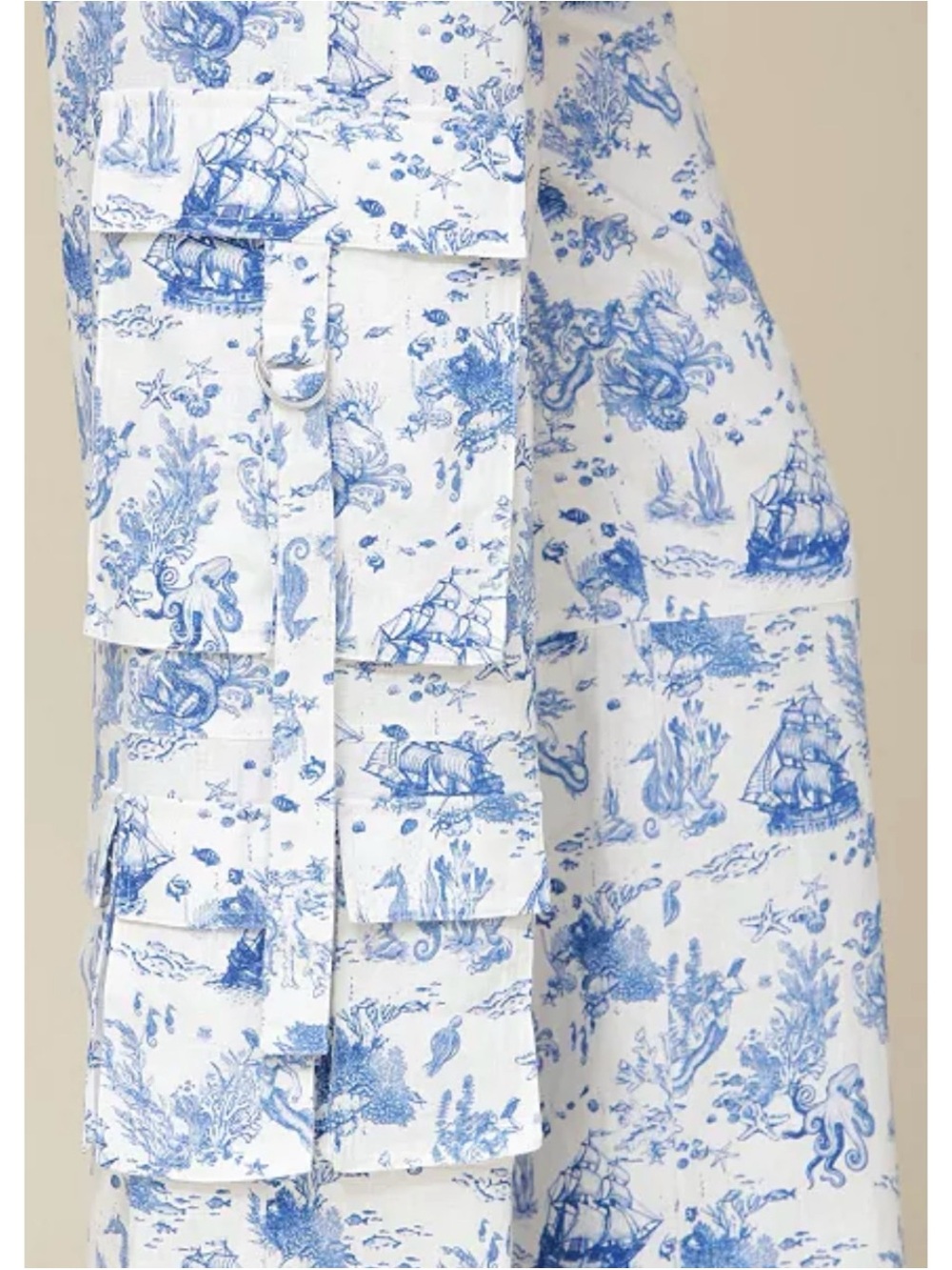 NWT Avec Les Filles High-rise Linen-Rayon Print Wide Leg Cargo Pants, Large
